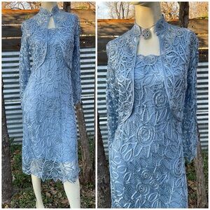 $800 Light Blue Battenburg Lace Dress & Jacket by Soulmates Size Small